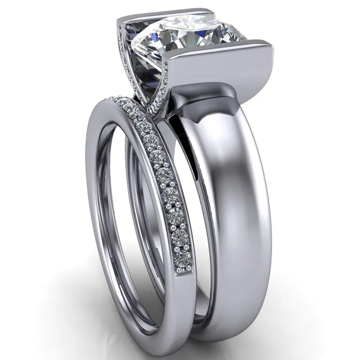 Rings Fire Brilliance Brooke Round Center Stone Half Bezel Set Thick Band Ring