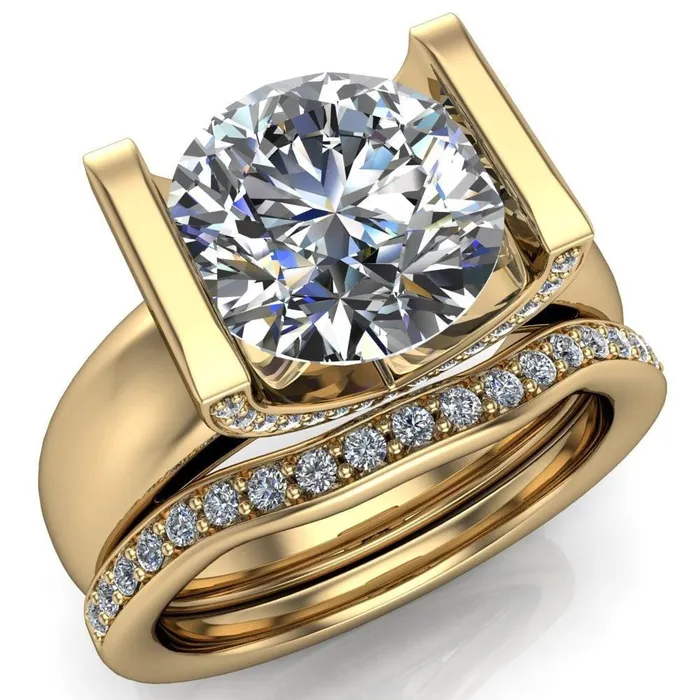 Rings Fire Brilliance Brooke Round Center Stone Half Bezel Set Thick Band Ring