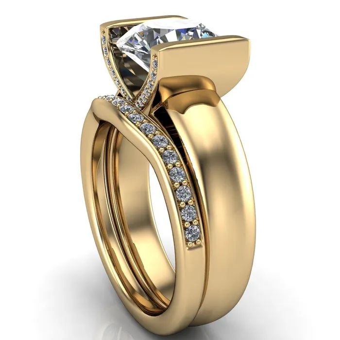 Rings Fire Brilliance Brooke Round Center Stone Half Bezel Set Thick Band Ring