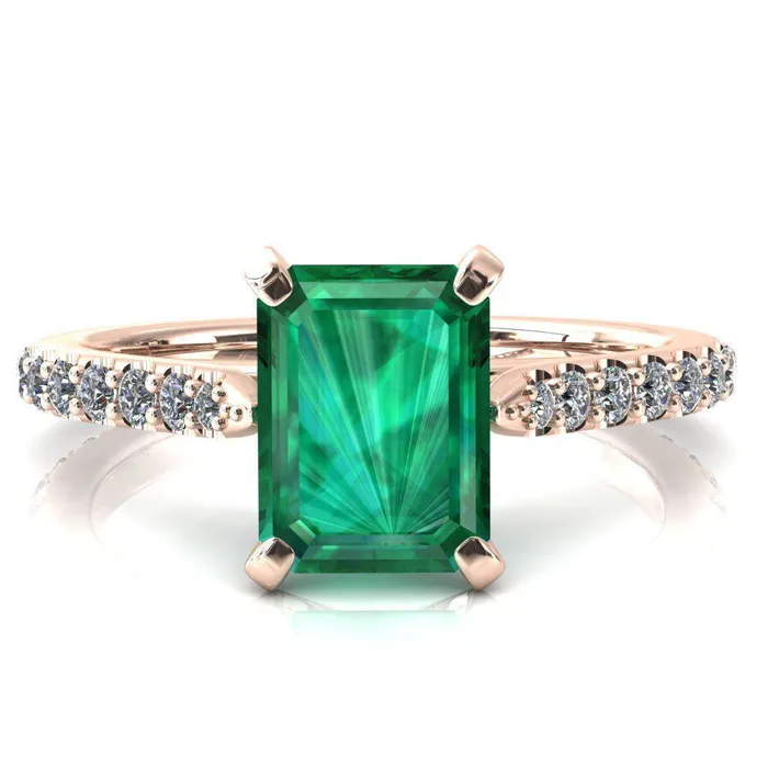 Rings Fire Brilliance Kelsy Emerald Emerald 4 Prong 34 Shared Scalloped Inverted Cathedral Ring