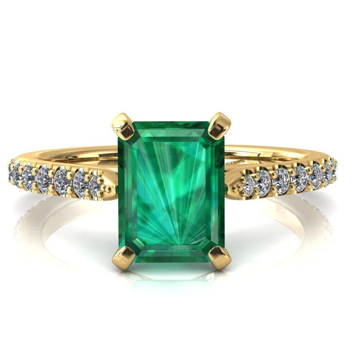 Rings Fire Brilliance Kelsy Emerald Emerald 4 Prong 34 Shared Scalloped Inverted Cathedral Ring