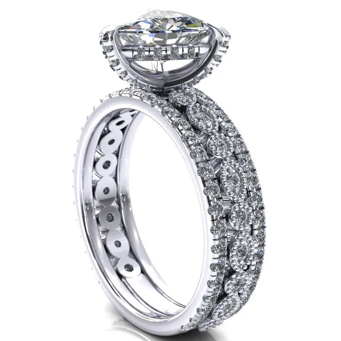 Rings Fire Brilliance Lizette Trillion Moissanite 3 Claw Prong 34 Eternity Milgrain Diamond Shank Engagement Ring
