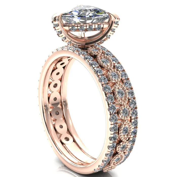 Rings Fire Brilliance Lizette Trillion Moissanite 3 Claw Prong 34 Eternity Milgrain Diamond Shank Engagement Ring