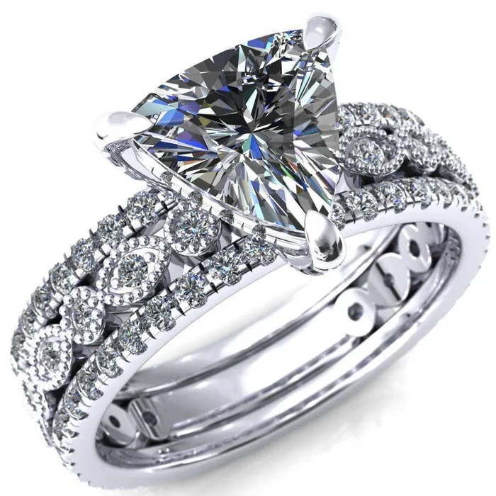 Rings Fire Brilliance Lizette Trillion Moissanite 3 Claw Prong 34 Eternity Milgrain Diamond Shank Engagement Ring