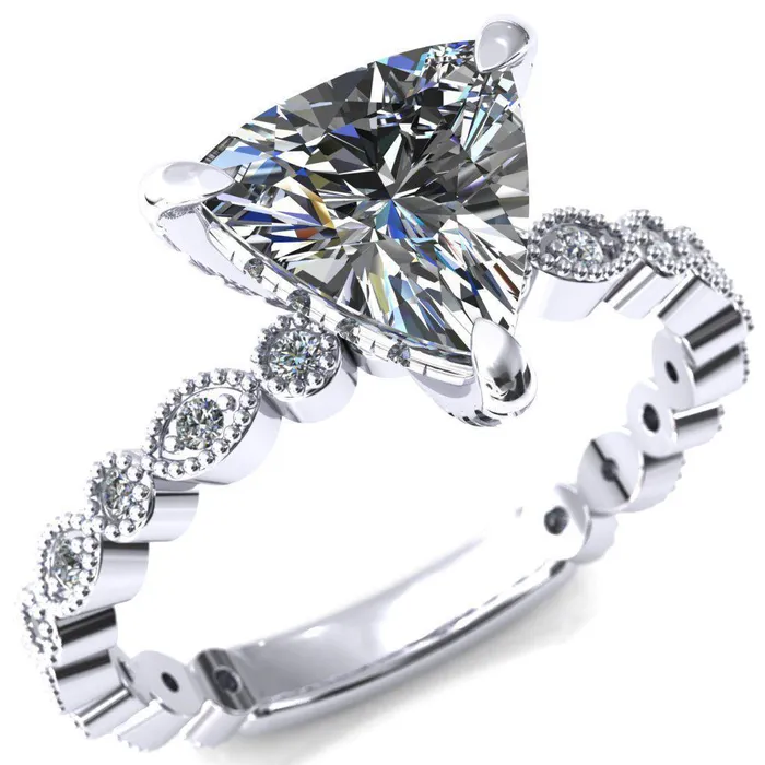 Rings Fire Brilliance Lizette Trillion Moissanite 3 Claw Prong 34 Eternity Milgrain Diamond Shank Engagement Ring