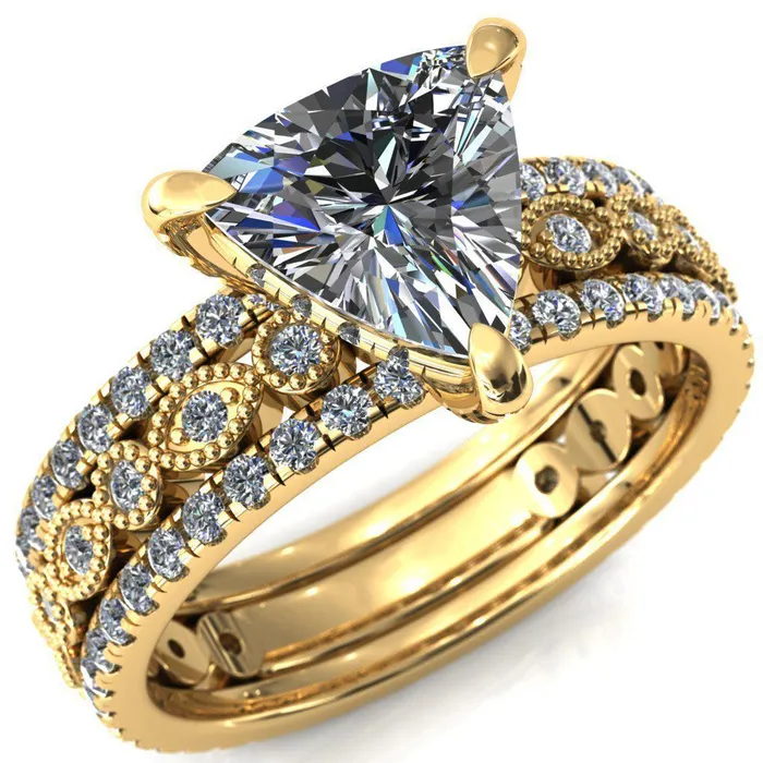 Rings Fire Brilliance Lizette Trillion Moissanite 3 Claw Prong 34 Eternity Milgrain Diamond Shank Engagement Ring