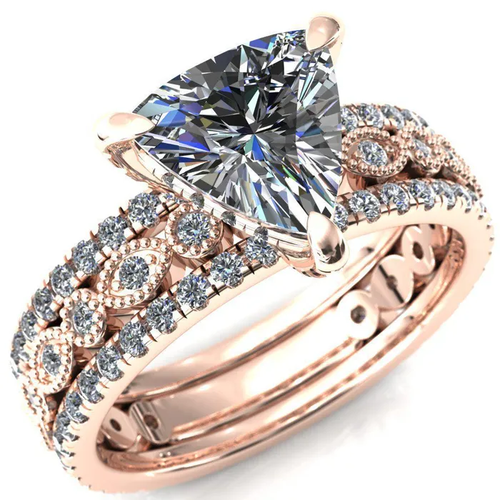 Rings Fire Brilliance Lizette Trillion Moissanite 3 Claw Prong 34 Eternity Milgrain Diamond Shank Engagement Ring