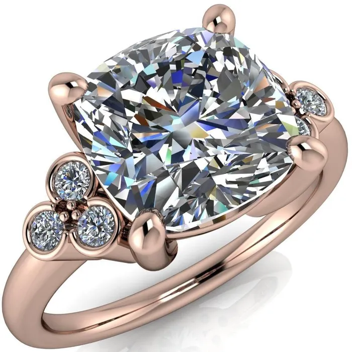 Rings Fire Brilliance Malene Cushion Center Stone Triple Diamond Side Bezel Engagement Ring