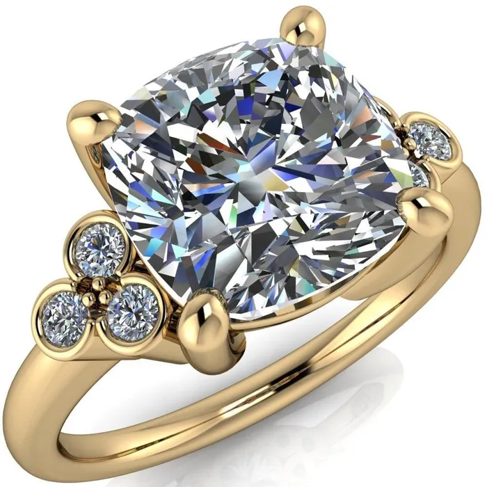 Rings Fire Brilliance Malene Cushion Center Stone Triple Diamond Side Bezel Engagement Ring