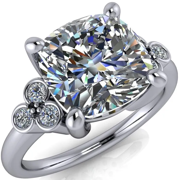 Rings Fire Brilliance Malene Cushion Center Stone Triple Diamond Side Bezel Engagement Ring
