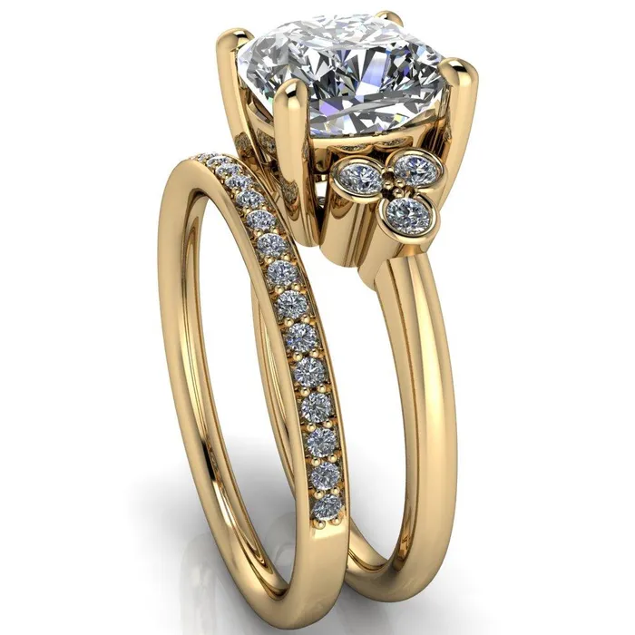 Rings Fire Brilliance Malene Cushion Center Stone Triple Diamond Side Bezel Engagement Ring
