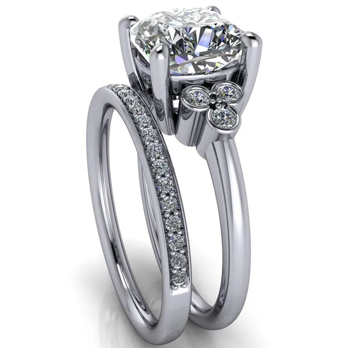 Rings Fire Brilliance Malene Cushion Center Stone Triple Diamond Side Bezel Engagement Ring