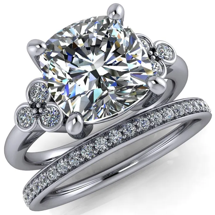Rings Fire Brilliance Malene Cushion Center Stone Triple Diamond Side Bezel Engagement Ring