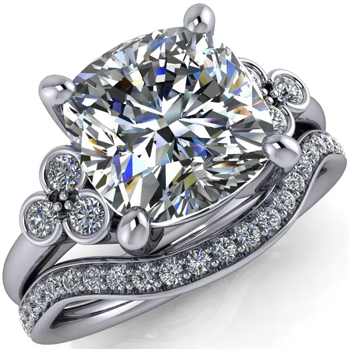 Rings Fire Brilliance Malene Cushion Center Stone Triple Diamond Side Bezel Engagement Ring