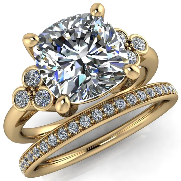 Rings Fire Brilliance Malene Cushion Center Stone Triple Diamond Side Bezel Engagement Ring