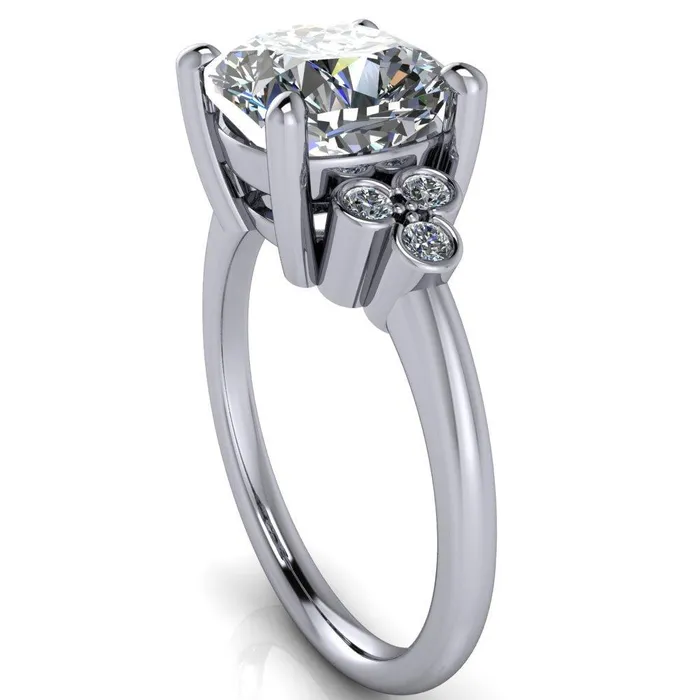 Rings Fire Brilliance Malene Cushion Center Stone Triple Diamond Side Bezel Engagement Ring