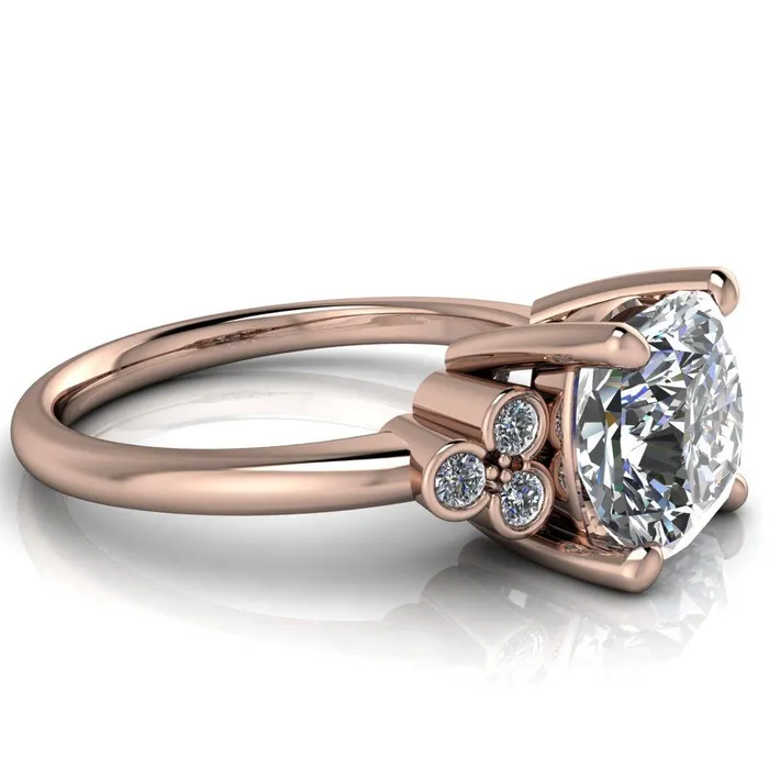 Rings Fire Brilliance Malene Cushion Center Stone Triple Diamond Side Bezel Engagement Ring