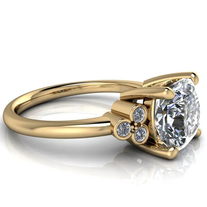 Rings Fire Brilliance Malene Cushion Center Stone Triple Diamond Side Bezel Engagement Ring