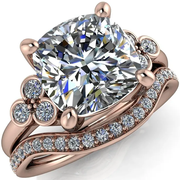 Rings Fire Brilliance Malene Cushion Center Stone Triple Diamond Side Bezel Engagement Ring