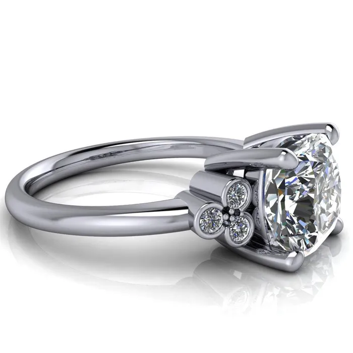 Rings Fire Brilliance Malene Cushion Center Stone Triple Diamond Side Bezel Engagement Ring