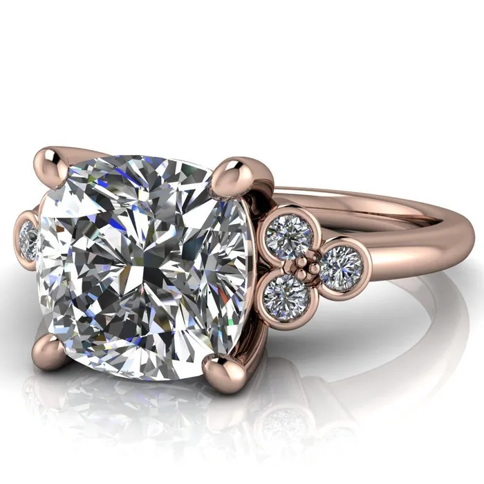 Rings Fire Brilliance Malene Cushion Center Stone Triple Diamond Side Bezel Engagement Ring