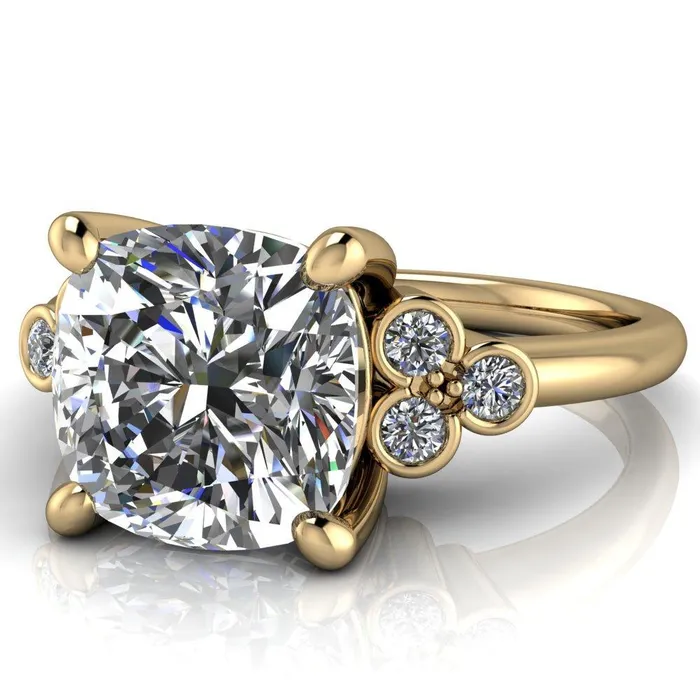 Rings Fire Brilliance Malene Cushion Center Stone Triple Diamond Side Bezel Engagement Ring