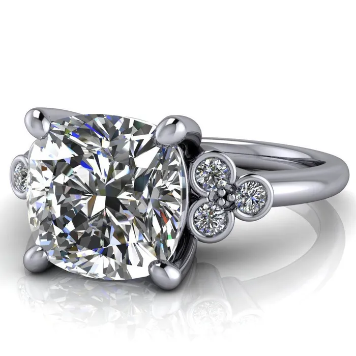 Rings Fire Brilliance Malene Cushion Center Stone Triple Diamond Side Bezel Engagement Ring