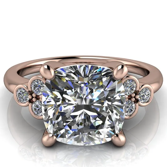 Rings Fire Brilliance Malene Cushion Center Stone Triple Diamond Side Bezel Engagement Ring
