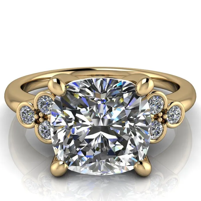 Rings Fire Brilliance Malene Cushion Center Stone Triple Diamond Side Bezel Engagement Ring