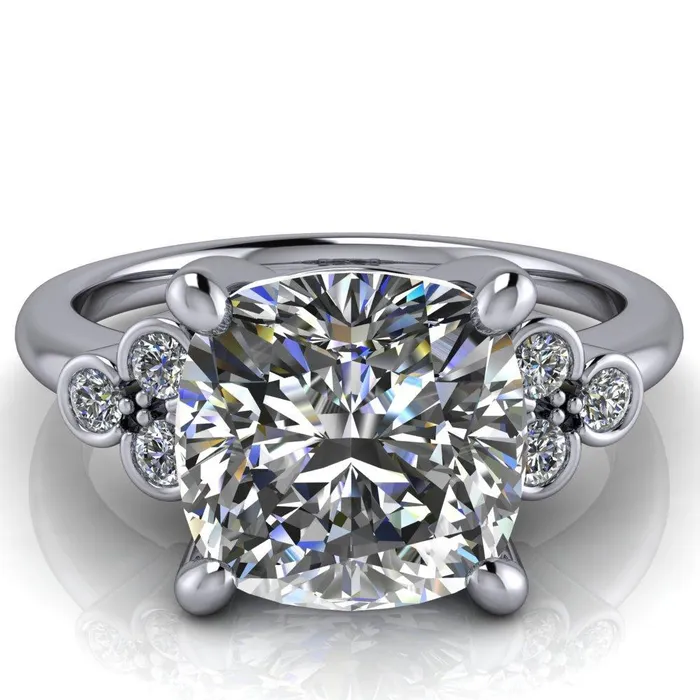 Rings Fire Brilliance Malene Cushion Center Stone Triple Diamond Side Bezel Engagement Ring