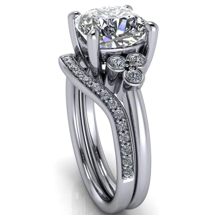 Rings Fire Brilliance Malene Cushion Center Stone Triple Diamond Side Bezel Engagement Ring