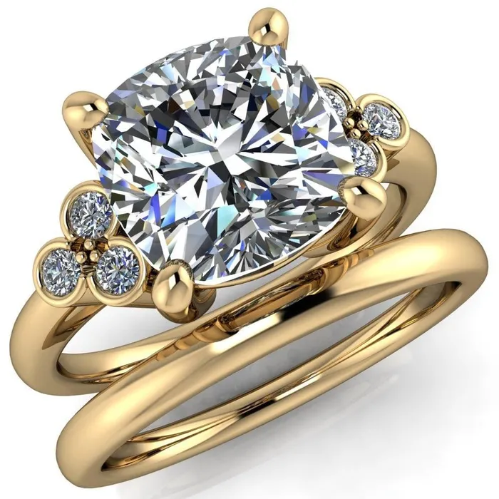 Rings Fire Brilliance Malene Cushion Center Stone Triple Diamond Side Bezel Engagement Ring