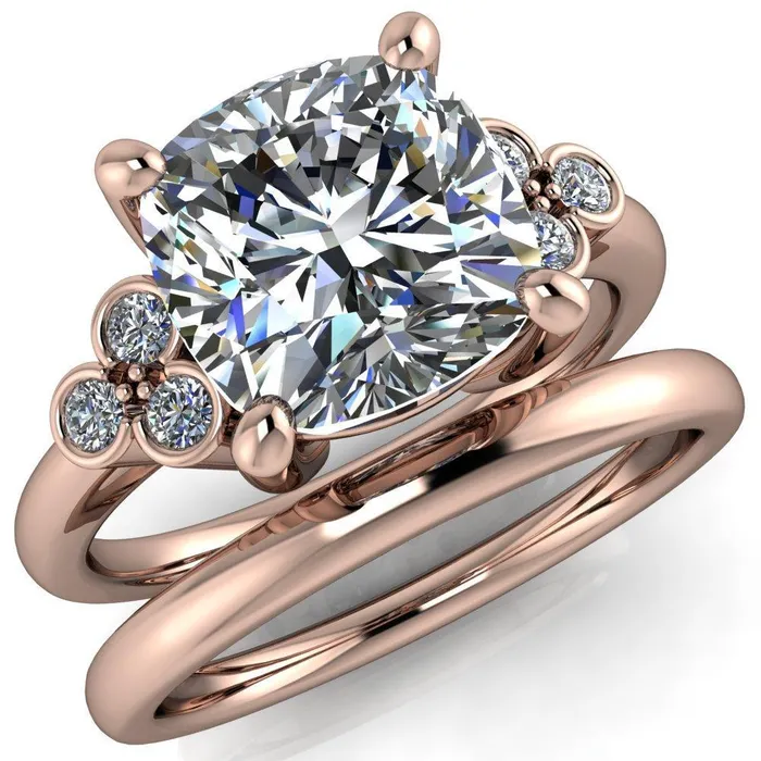 Rings Fire Brilliance Malene Cushion Center Stone Triple Diamond Side Bezel Engagement Ring