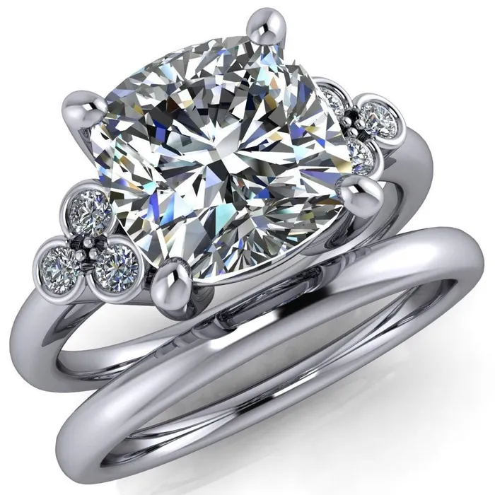 Rings Fire Brilliance Malene Cushion Center Stone Triple Diamond Side Bezel Engagement Ring