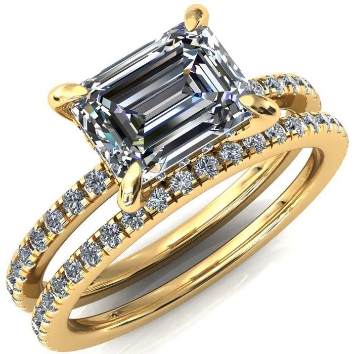Rings Fire Brilliance Mayeli Emerald Center Stone EastWest 4 Claw Prong Micro Pave Diamond Sides Engagement Ring Rings Fire Brilliance Mayeli Emerald Center Stone EastWest 4 Claw Prong Micro Pave Diamond Sides Engagement Ring