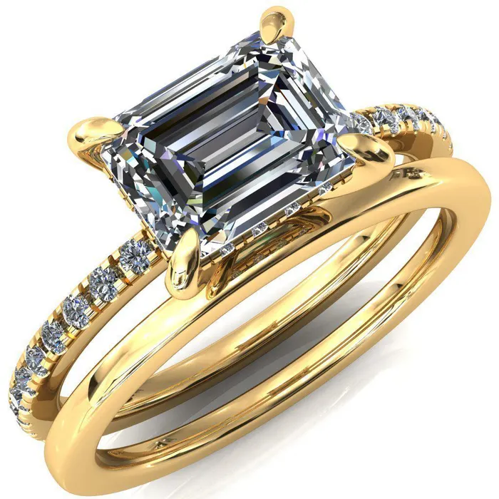 Rings Fire Brilliance Mayeli Emerald Center Stone EastWest 4 Claw Prong Micro Pave Diamond Sides Engagement Ring