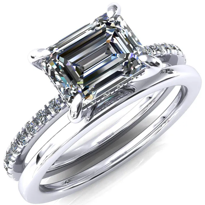 Rings Fire Brilliance Mayeli Emerald Center Stone EastWest 4 Claw Prong Micro Pave Diamond Sides Engagement Ring