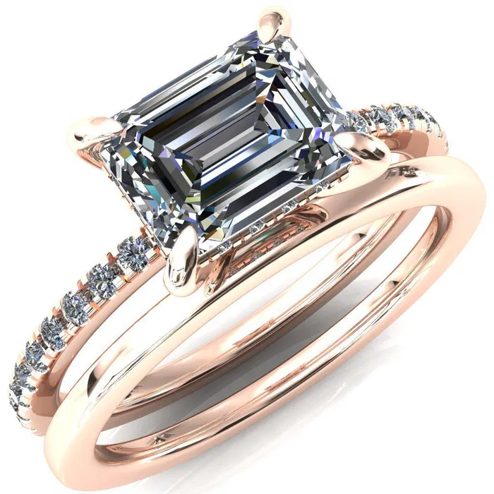 Rings Fire Brilliance Mayeli Emerald Center Stone EastWest 4 Claw Prong Micro Pave Diamond Sides Engagement Ring