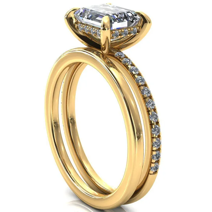 Rings Fire Brilliance Mayeli Emerald Center Stone EastWest 4 Claw Prong Micro Pave Diamond Sides Engagement Ring