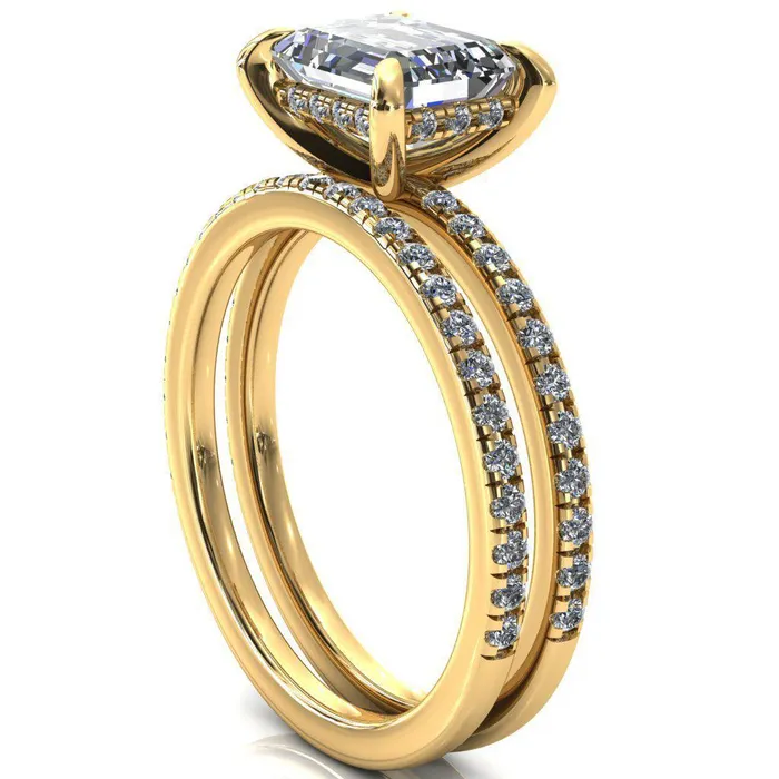 Rings Fire Brilliance Mayeli Emerald Center Stone EastWest 4 Claw Prong Micro Pave Diamond Sides Engagement Ring