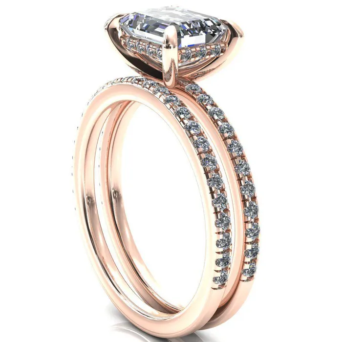 Rings Fire Brilliance Mayeli Emerald Center Stone EastWest 4 Claw Prong Micro Pave Diamond Sides Engagement Ring