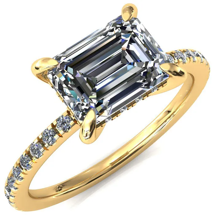 Rings Fire Brilliance Mayeli Emerald Center Stone EastWest 4 Claw Prong Micro Pave Diamond Sides Engagement Ring