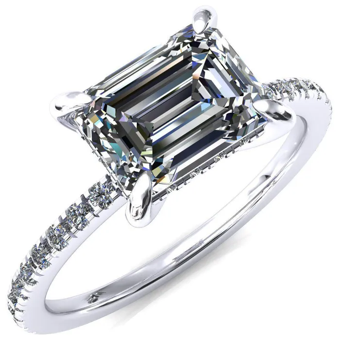 Rings Fire Brilliance Mayeli Emerald Center Stone EastWest 4 Claw Prong Micro Pave Diamond Sides Engagement Ring