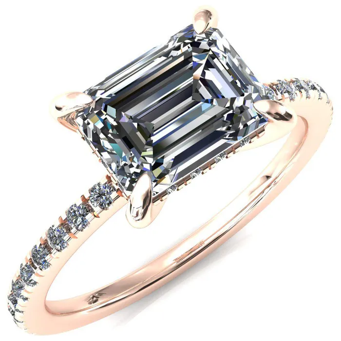 Rings Fire Brilliance Mayeli Emerald Center Stone EastWest 4 Claw Prong Micro Pave Diamond Sides Engagement Ring
