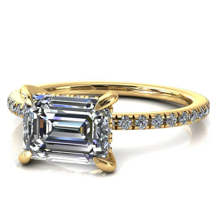Rings Fire Brilliance Mayeli Emerald Center Stone EastWest 4 Claw Prong Micro Pave Diamond Sides Engagement Ring