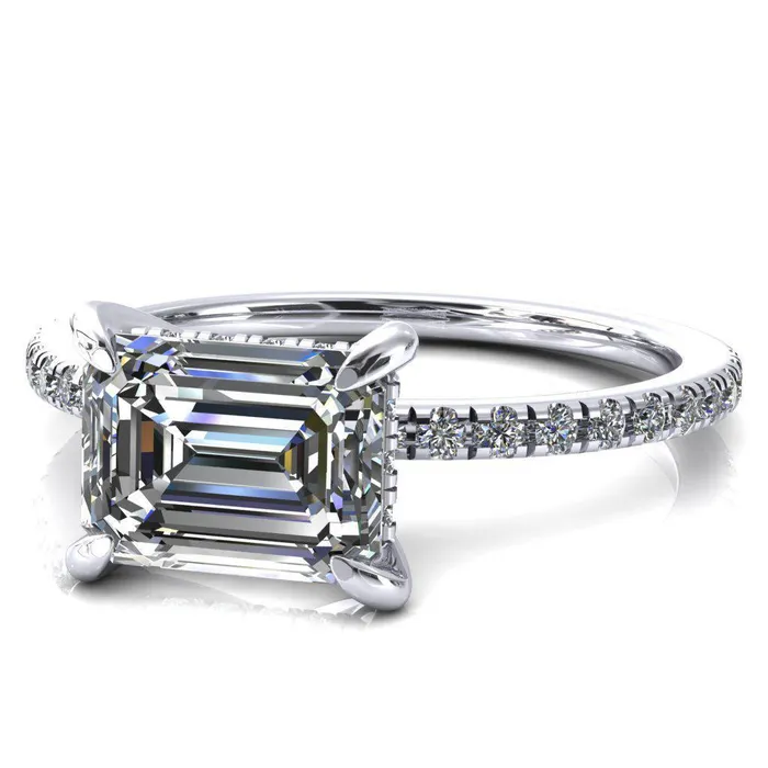 Rings Fire Brilliance Mayeli Emerald Center Stone EastWest 4 Claw Prong Micro Pave Diamond Sides Engagement Ring