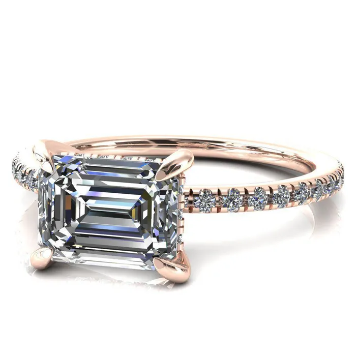 Rings Fire Brilliance Mayeli Emerald Center Stone EastWest 4 Claw Prong Micro Pave Diamond Sides Engagement Ring