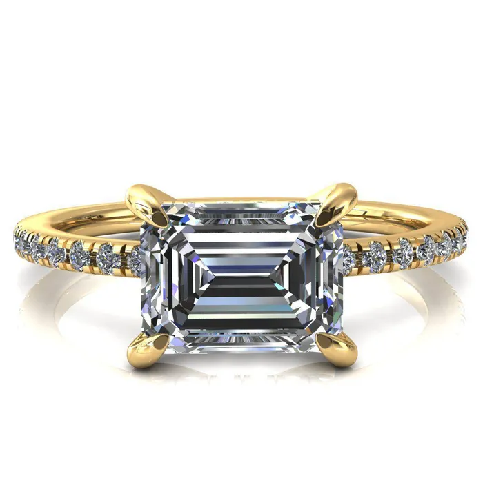 Rings Fire Brilliance Mayeli Emerald Center Stone EastWest 4 Claw Prong Micro Pave Diamond Sides Engagement Ring