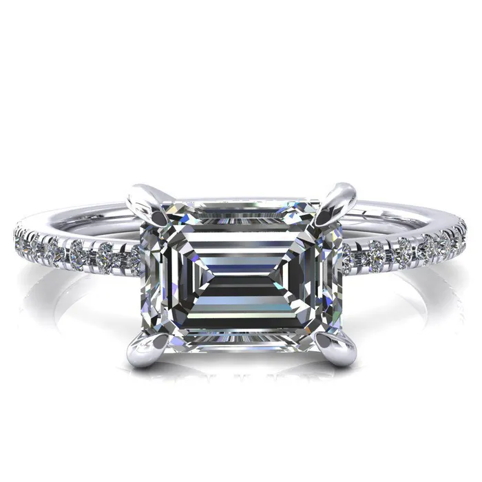 Rings Fire Brilliance Mayeli Emerald Center Stone EastWest 4 Claw Prong Micro Pave Diamond Sides Engagement Ring