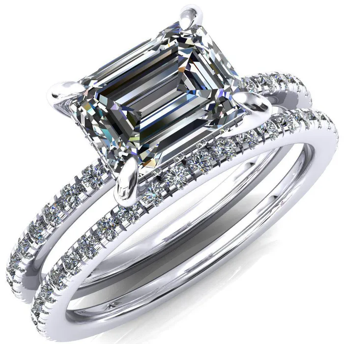 Rings Fire Brilliance Mayeli Emerald Center Stone EastWest 4 Claw Prong Micro Pave Diamond Sides Engagement Ring